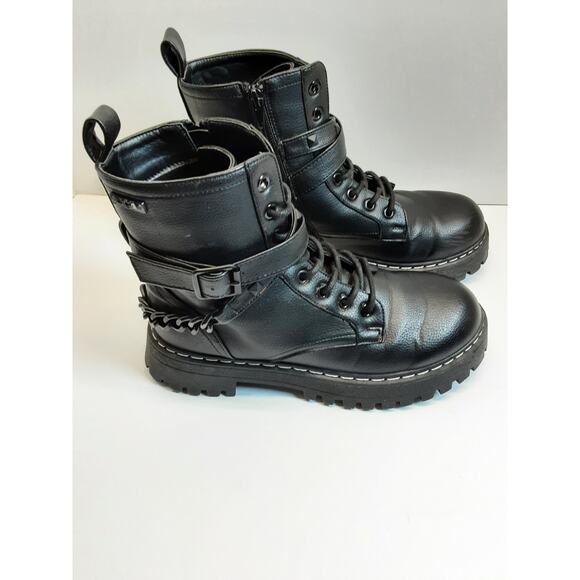 Sugar Black Womens Ankle Chain Buckle Combat Boots - Picture 4 of 8